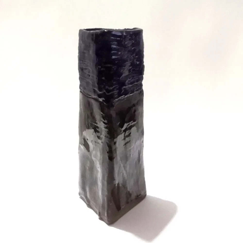 Vintage Glazed Triangular Studio Art Pottery Vase Handmade 10 Inch